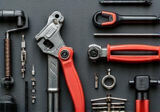 Close up of essential cycling repair tool kit components